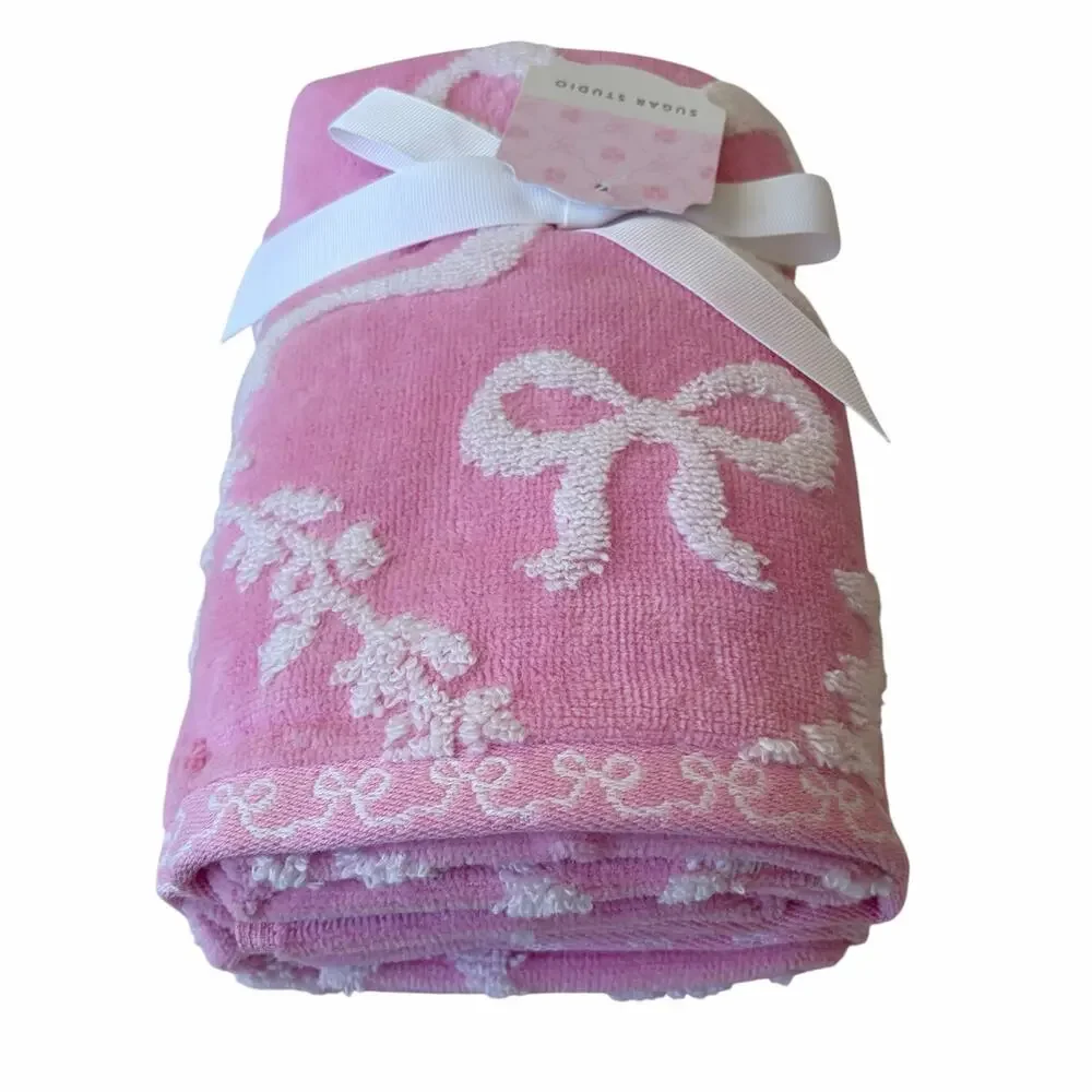 4pc Plush Pink & White BOW Towel Set - 2 Hand 2 Bath Cotton Chic Bath NEW